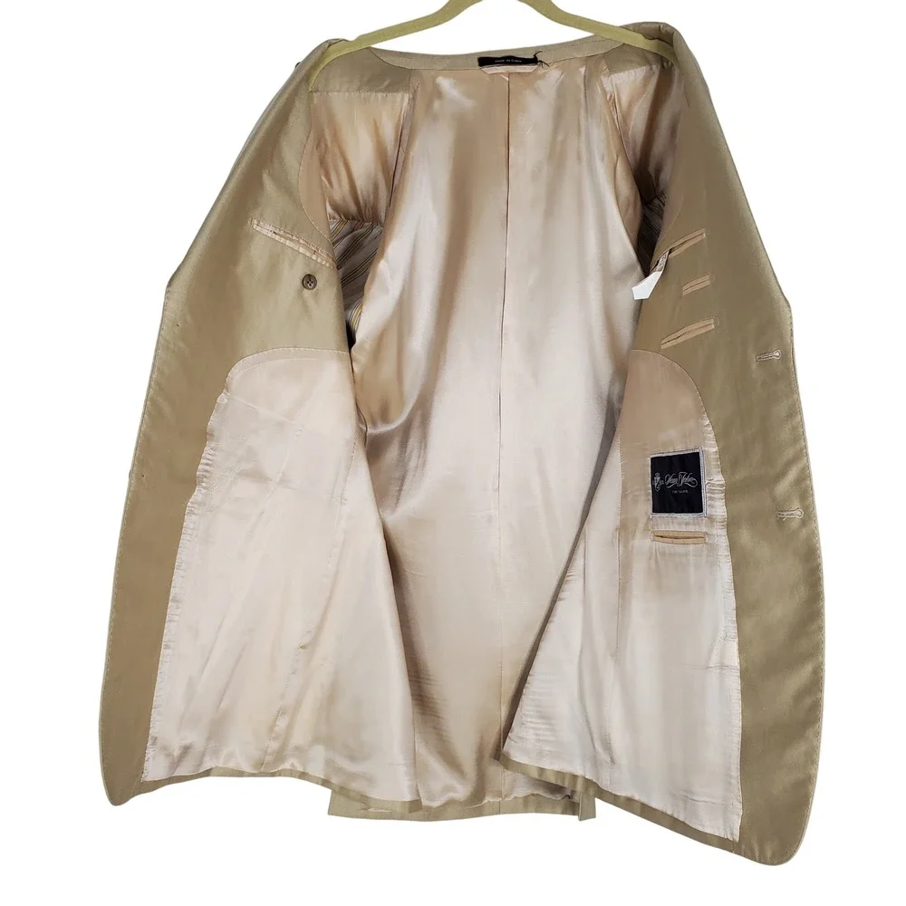 Sean John 43R 37R Gold Beige Silk Wool Two-Piece Suit Blazer Pants Career Formal